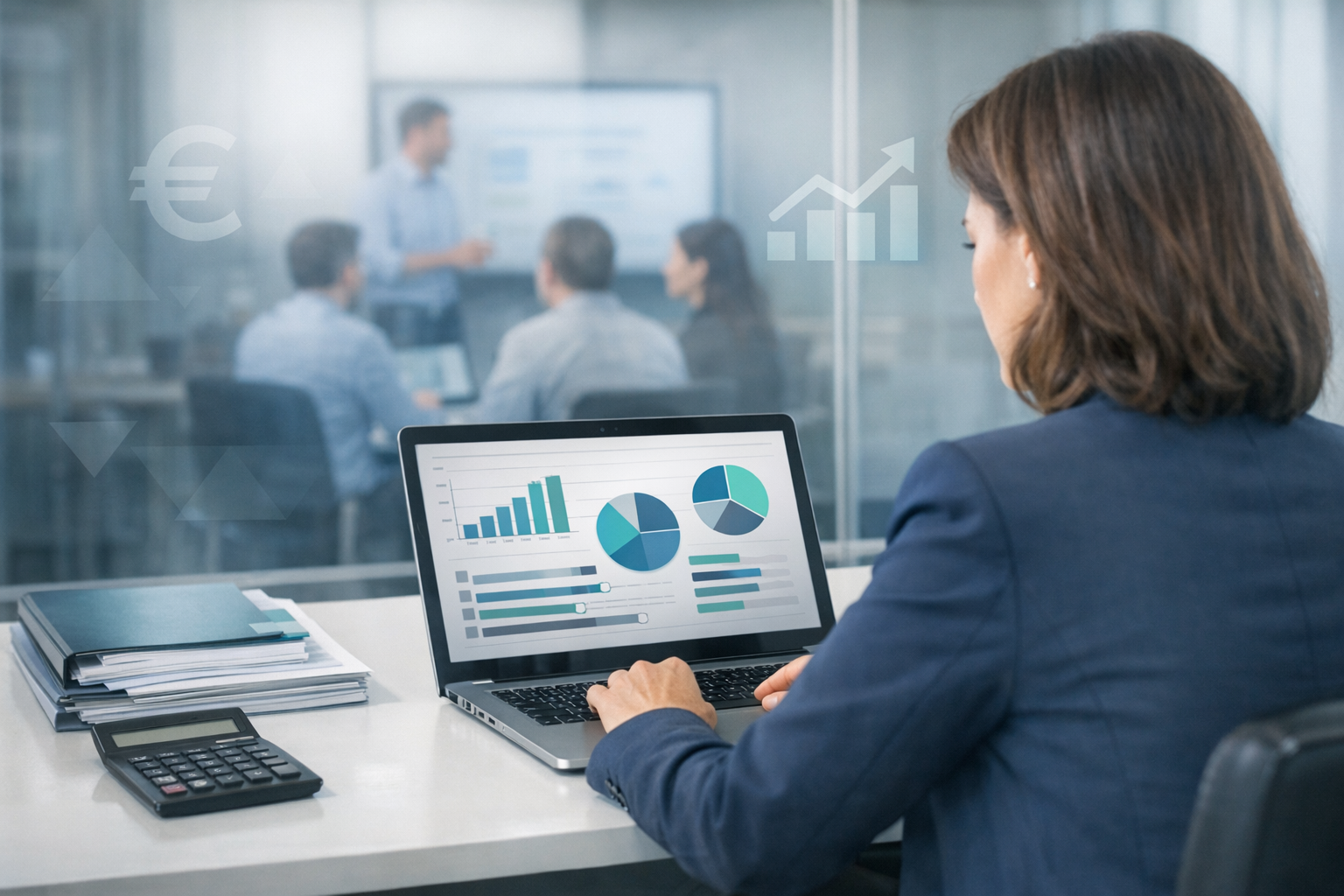 Here’s a photorealistic corporate office scene with the HR/L&D manager reviewing a training-fund-style dashboard, subtle teal UI reflections, and a so